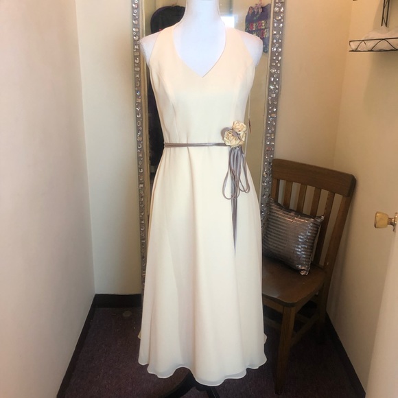 Lined Yellow Mid Length Halter Bridesmaid Prom Dress - Picture 8 of 8